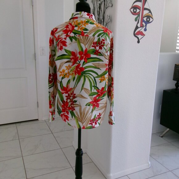 Tommy Bahama Linen Long Sleeve Button Down Blouse Shirt Top M Green Coral Tan - Picture 4 of 12